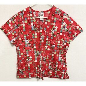Disney Tinkerbell Christmas Scrub Top Short Sleeve Pockets Womens Size LARGE